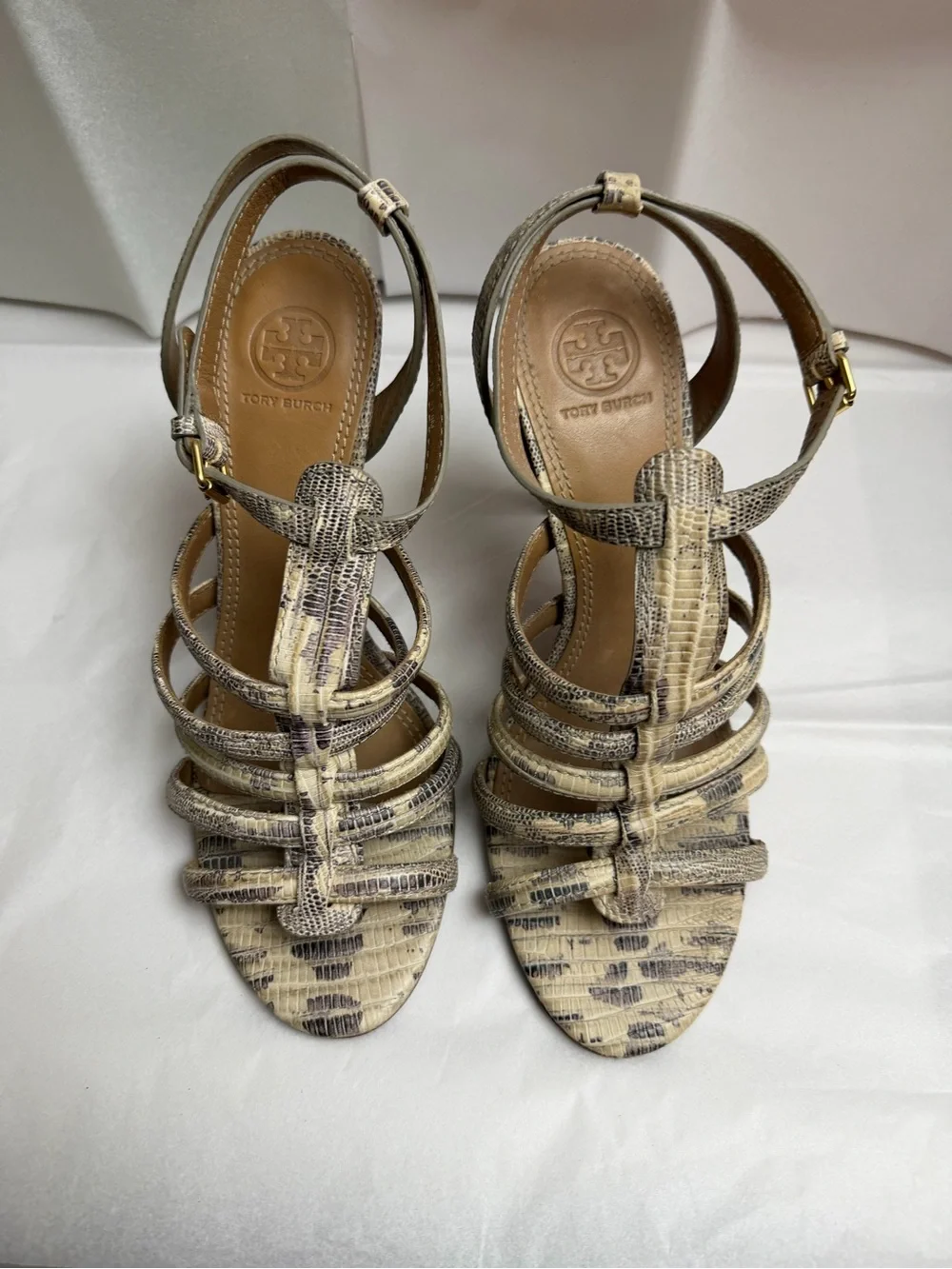 Tory Burch Neutral Snake-Print Strappy Heels